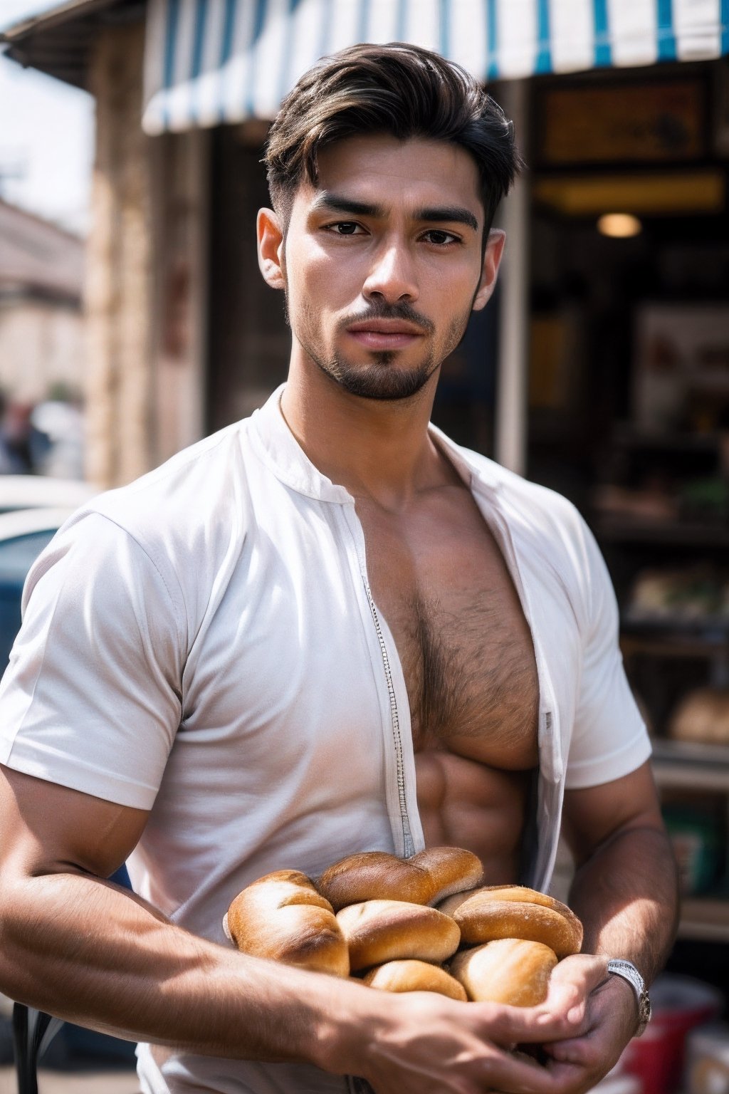 Realistic, handsome bread seller
 ,(Pectoral Focus:1.2), working time