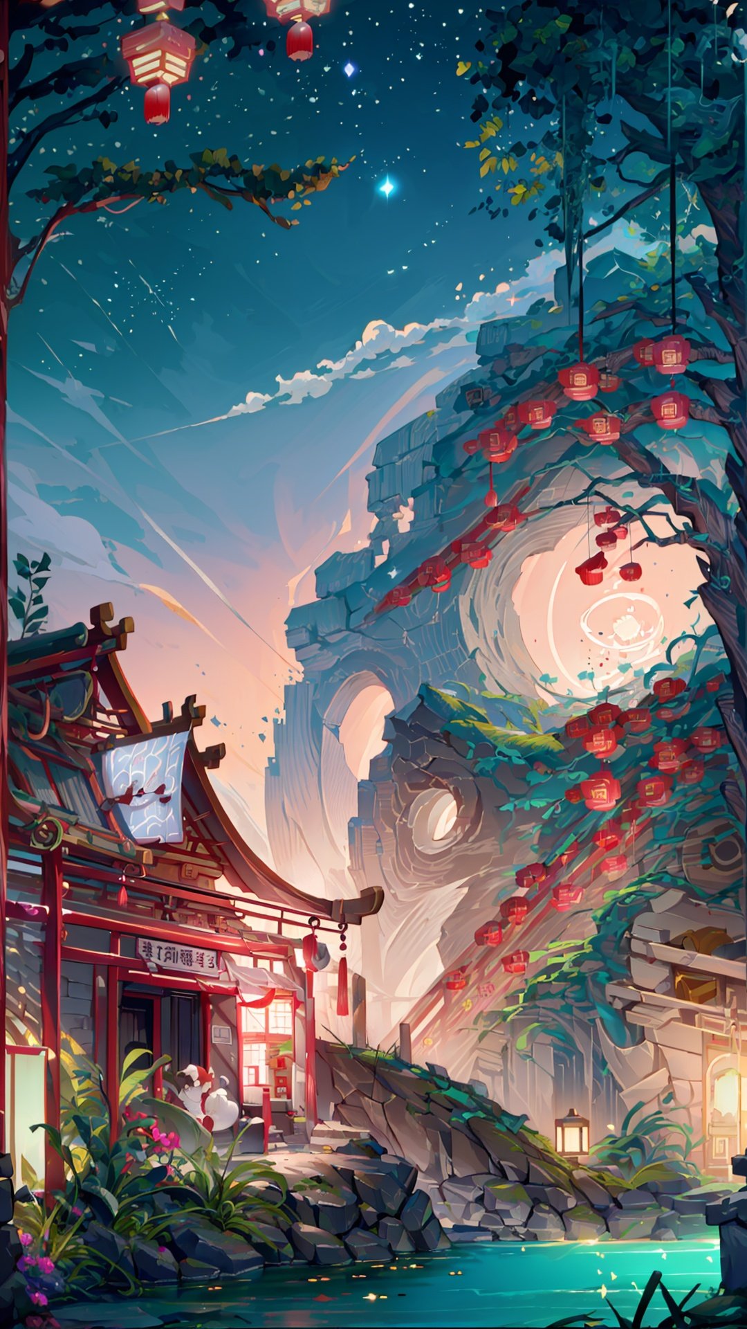 (((masterpiece))), ((extremely detailed CG unity 8k wallpaper)), best quality, high resolution illustration, Amazing, highres, intricate detail, (best illumination, best shadow, an extremely delicate and beautiful),
2D ConceptualDesign, scenery, outdoors, cloud, (night:1.3),(chinese new year:1.2), sky, tree, blue sky, mountain, landscape, water, backpack