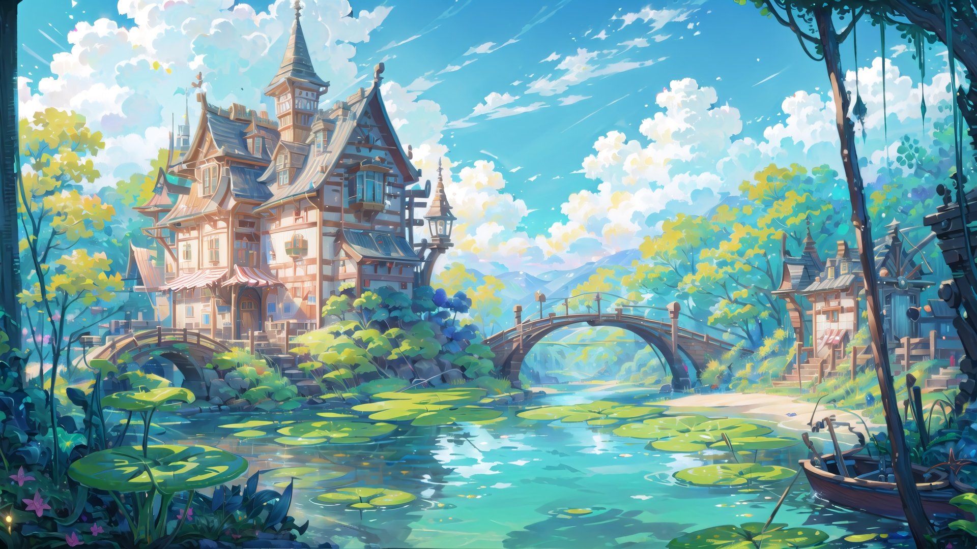 (((masterpiece))), ((extremely detailed CG unity 8k wallpaper)), best quality, high resolution illustration, Amazing, highres, intricate detail, (best illumination, best shadow, an extremely delicate and beautiful),

2D ConceptualDesign, scenery, lily pad, outdoors, sky, cloud, no humans, day, water, building, blue sky, tree, boat, watercraft, house, bridge, fantasy