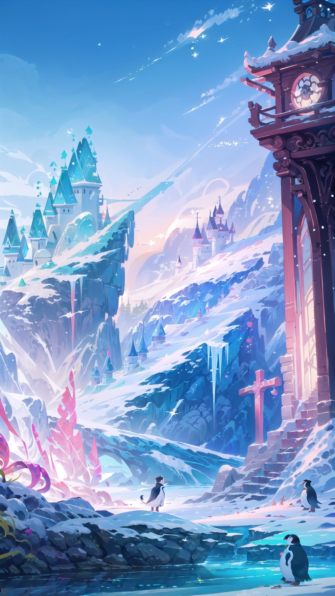 (((masterpiece))), ((extremely detailed CG unity 8k wallpaper)), best quality, high resolution illustration, Amazing, highres, intricate detail, (best illumination, best shadow, an extremely delicate and beautiful),

2D ConceptualDesign, penguin, bird, snow, scenery, mountain, outdoors, ice, whale, animal, aurora, sky