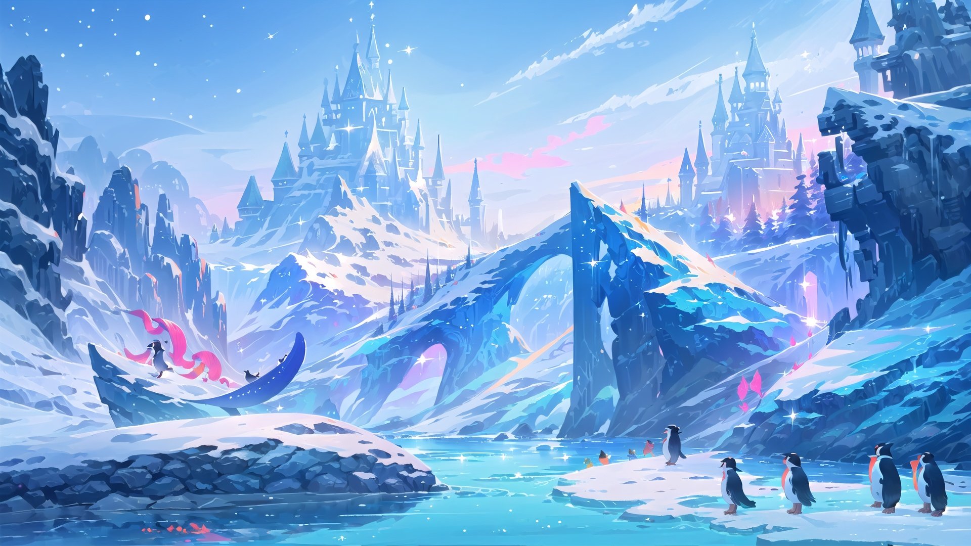 (((masterpiece))), ((extremely detailed CG unity 8k wallpaper)), best quality, high resolution illustration, Amazing, highres, intricate detail, (best illumination, best shadow, an extremely delicate and beautiful),

2D ConceptualDesign, penguin, bird, snow, scenery, mountain, outdoors, ice, whale, animal, aurora, sky