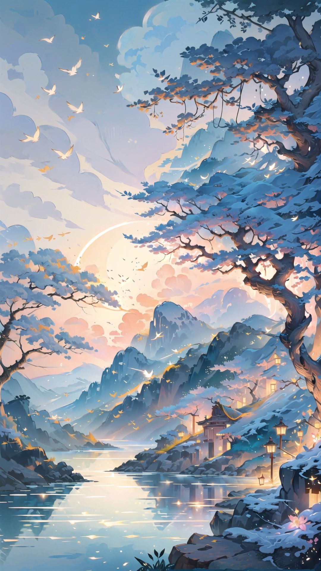 (((masterpiece))), ((extremely detailed CG unity 8k wallpaper)), best quality, high resolution illustration, Amazing, highres, intricate detail, (best illumination, best shadow, an extremely delicate and beautiful),

qiuyinong, no humans, scenery, bird, outdoors, cherry blossoms, tree, branch, water, lake, mountain, flower