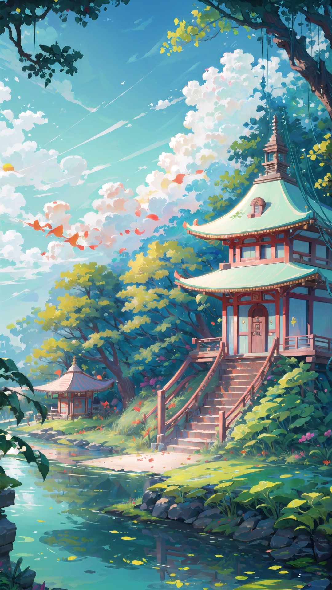 (((masterpiece))), ((extremely detailed CG unity 8k wallpaper)), best quality, high resolution illustration, Amazing, highres, intricate detail, (best illumination, best shadow, an extremely delicate and beautiful),

2D ConceptualDesign, scenery, outdoors, bridge, east asian architecture, tree, cloud, architecture, lily pad, sky, day, pagoda, water, river