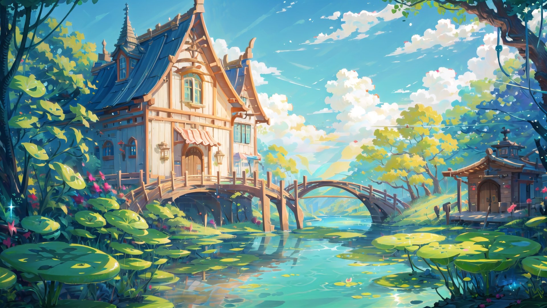 (((masterpiece))), ((extremely detailed CG unity 8k wallpaper)), best quality, high resolution illustration, Amazing, highres, intricate detail, (best illumination, best shadow, an extremely delicate and beautiful),

2D ConceptualDesign, scenery, lily pad, outdoors, sky, cloud, no humans, day, water, building, blue sky, tree, boat, watercraft, house, bridge, fantasy