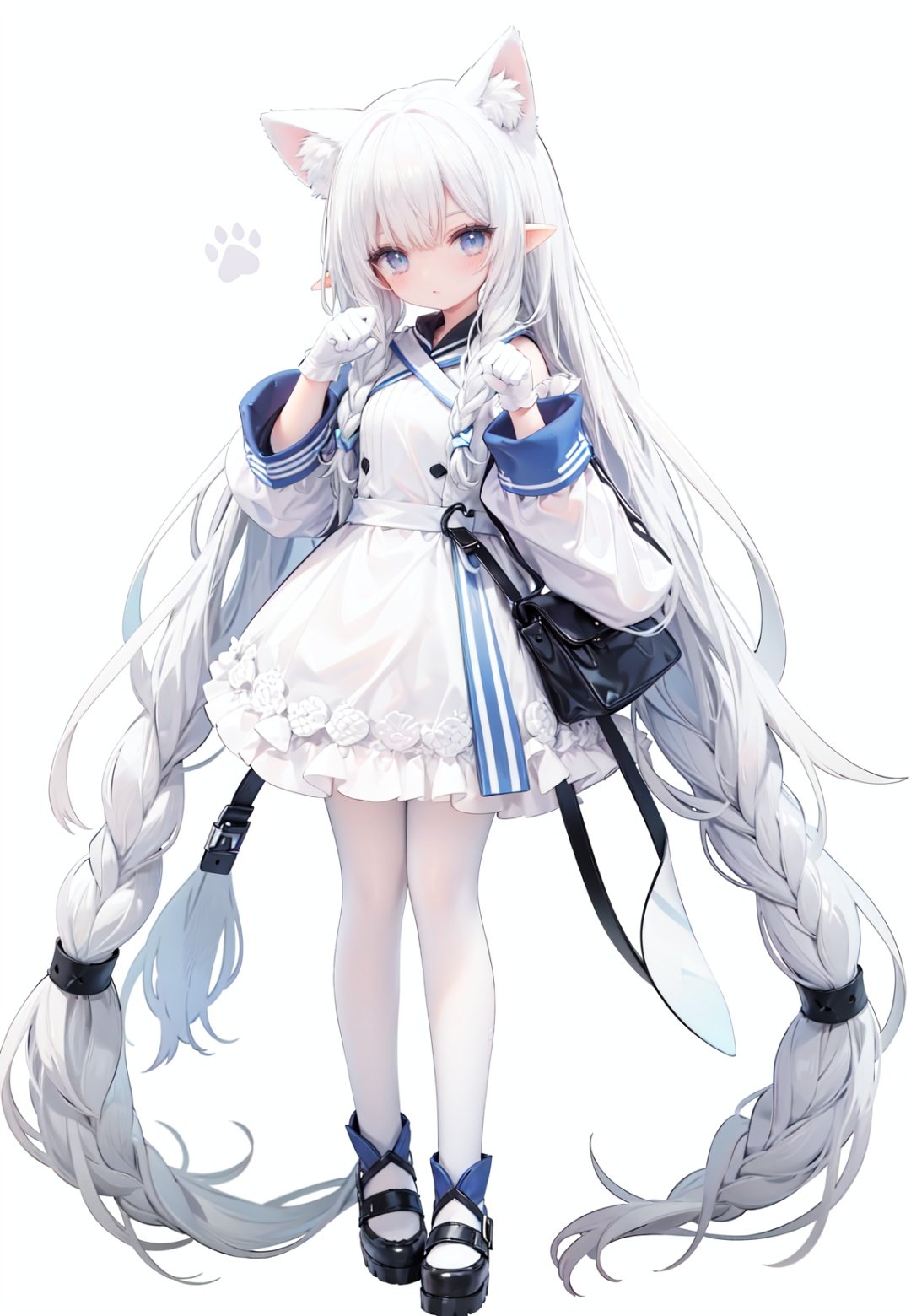 1girl, white_gloves, braid, full_body, gloves, long_hair, official_alternate_costume, pointy_ears, simple_background, solo, standing, very_long_hair, white_background,white hair,blue eyes,paw claw pose, open_mouth,