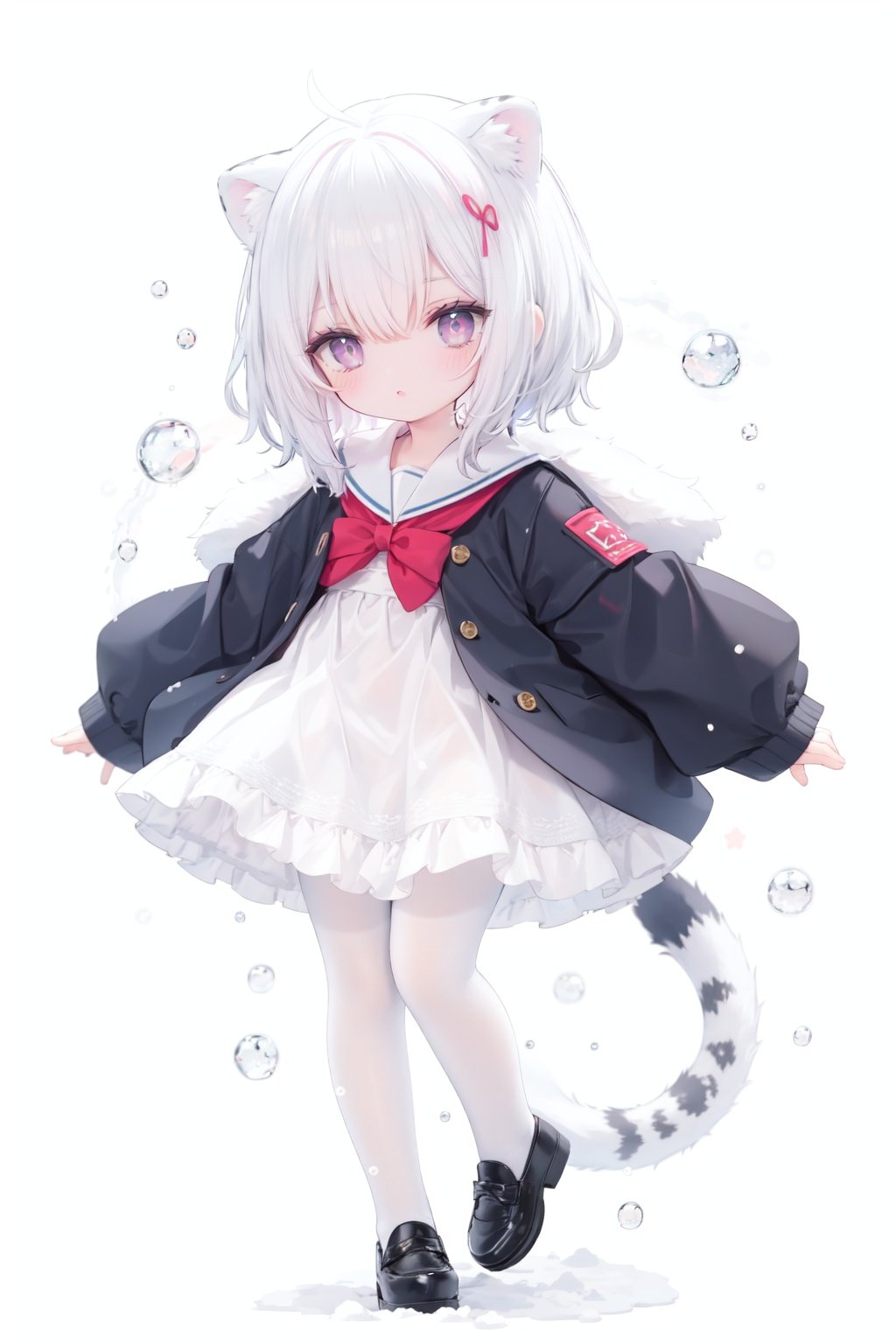 cute,Infant,solo blue shirt,blue sailor coat,loli,full body,white hair,snow leopard ear,white background,pink eyes,laugh,happy,white pantihose,white pantyhose,red armband,