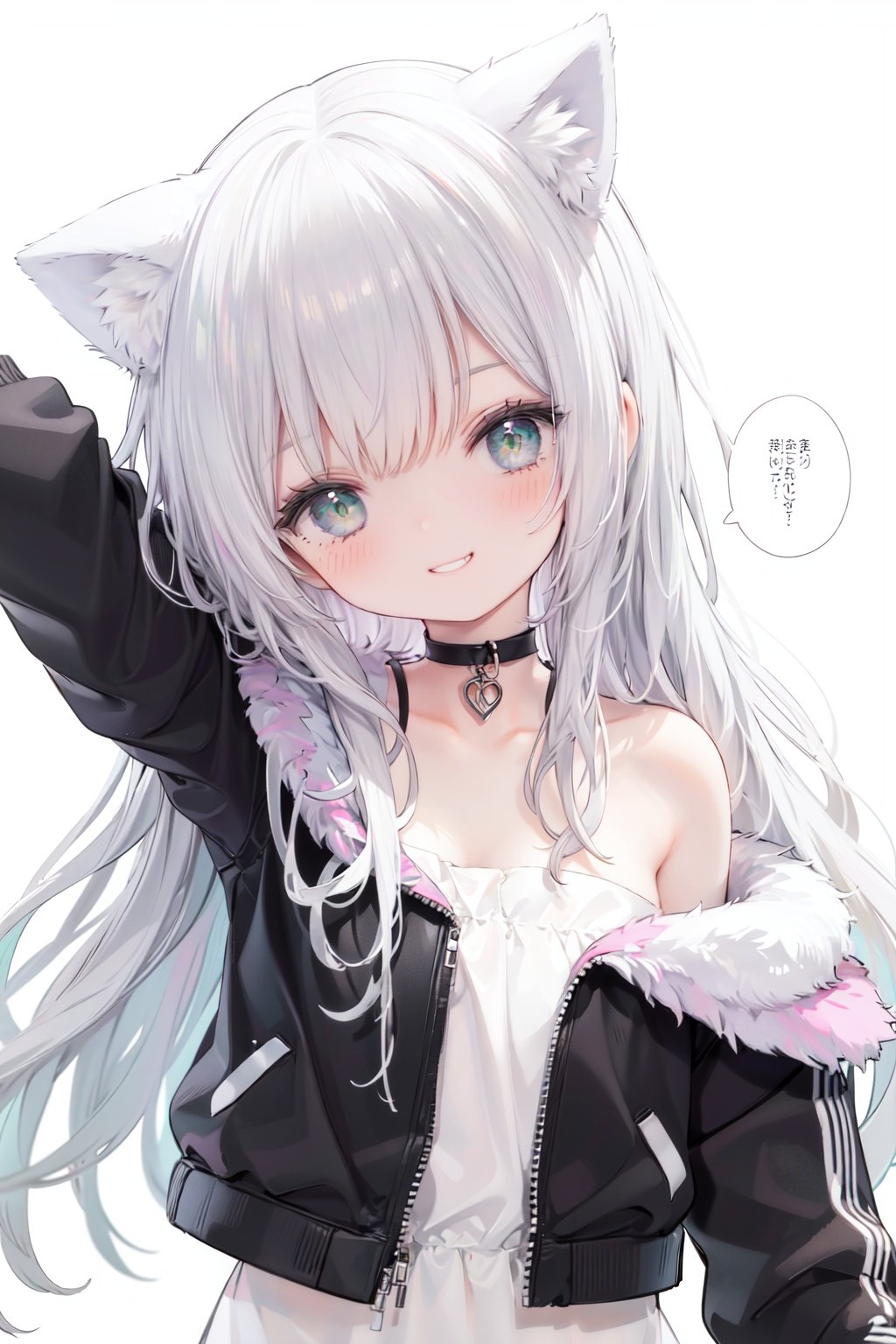 1girl,  solo,  green eyes,  smile,  long hair,  cat ears,  looking at viewer,  animal ears,  white background,  simple background,  bangs,  silver hair,  upper body,  speech bubble,  jacket,  black jacket,  head tilt,  bare shoulders,  eyebrows visible through hair,  off shoulder,  half-closed eyes,  grin,  arm up,  collarbonereflection light