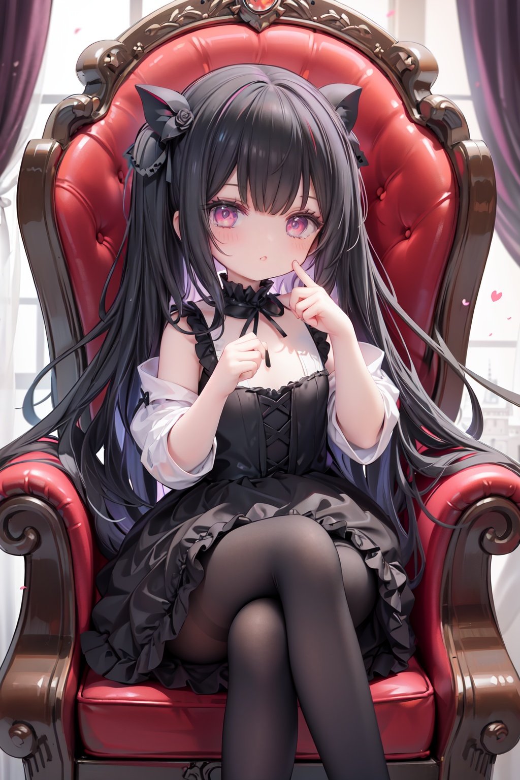 masterpiece, ((best quality)), (ultra-detailed), (illustration), an extremely delicate and beautiful girl, dynamic angle, chromatic aberration, ((colorful)),//,1girls,loli,(petite child:1.1),//,(in Gothic castle),girl with black hair,red eyes,Vertical pupil,long hair,hair arrangement,(Detailed face description),(batwing),(Gothic Lolita),(bat tail),alccandlestick,Cathedral glass,,short skirt,black pantyhose,red lace,high heels,rose tattoo,throne,sitting,crossed legs,//,