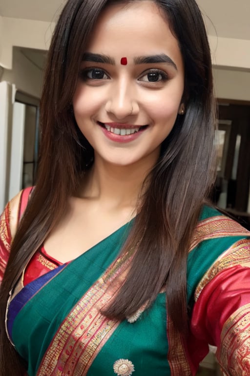 traditional south india beautfil girl,  cute nose,  brown shine hair with westeran outfit  black hair,  with south indian festival look beautiful eyes without nose pearsing,  smiling  green and red sariee, bagpipeqr, <lora:EMS-43907-EMS:0.800000>