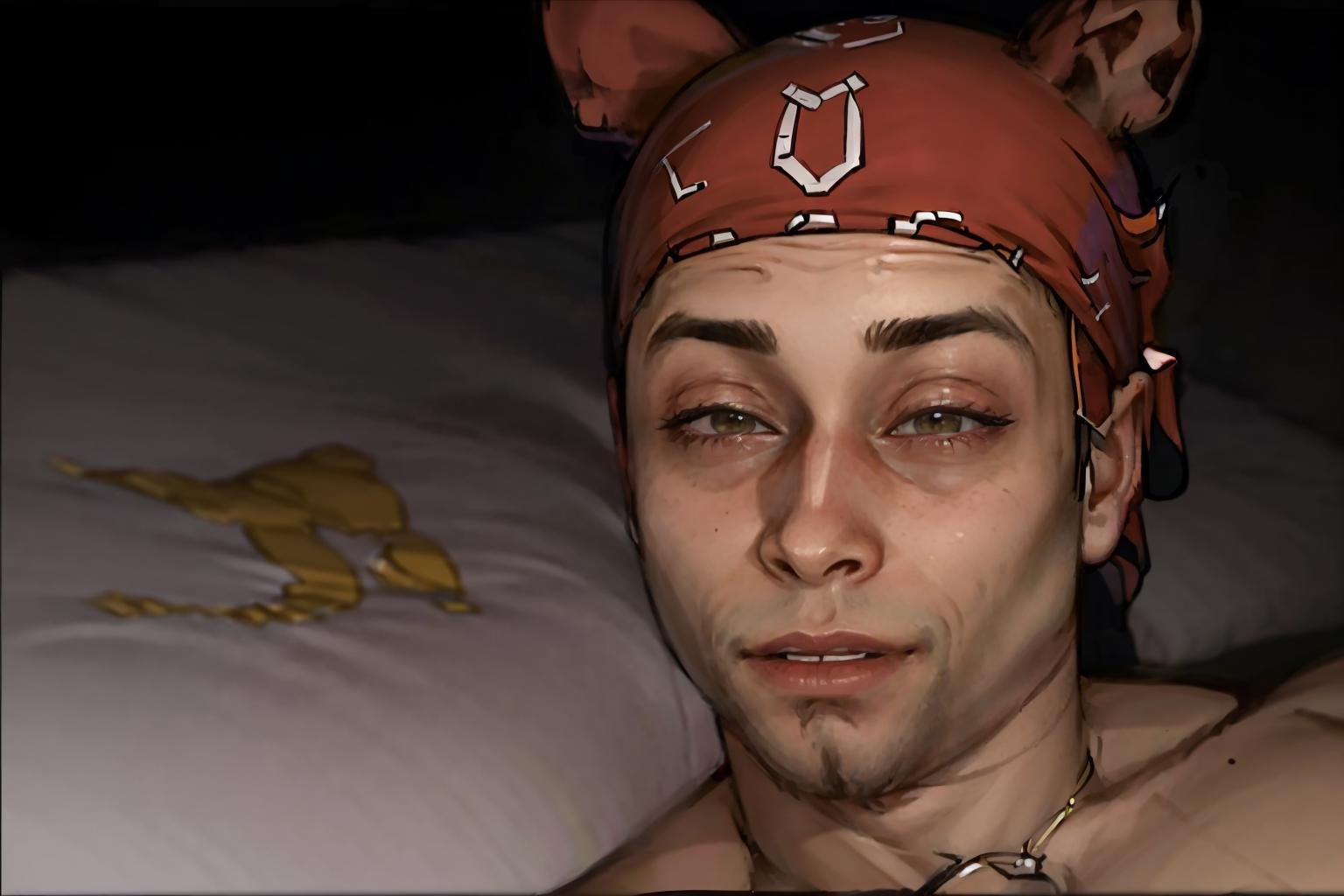 Highly detailed, High Quality, Masterpiece, beautiful, IncrsLimmyWakingUpMeme, <lora:LimmyWakingUpMeme:1>, 1boy, Ricardo, red bandana on the head, <lora:Char_Sigmas_RicardoMilos:0.9>