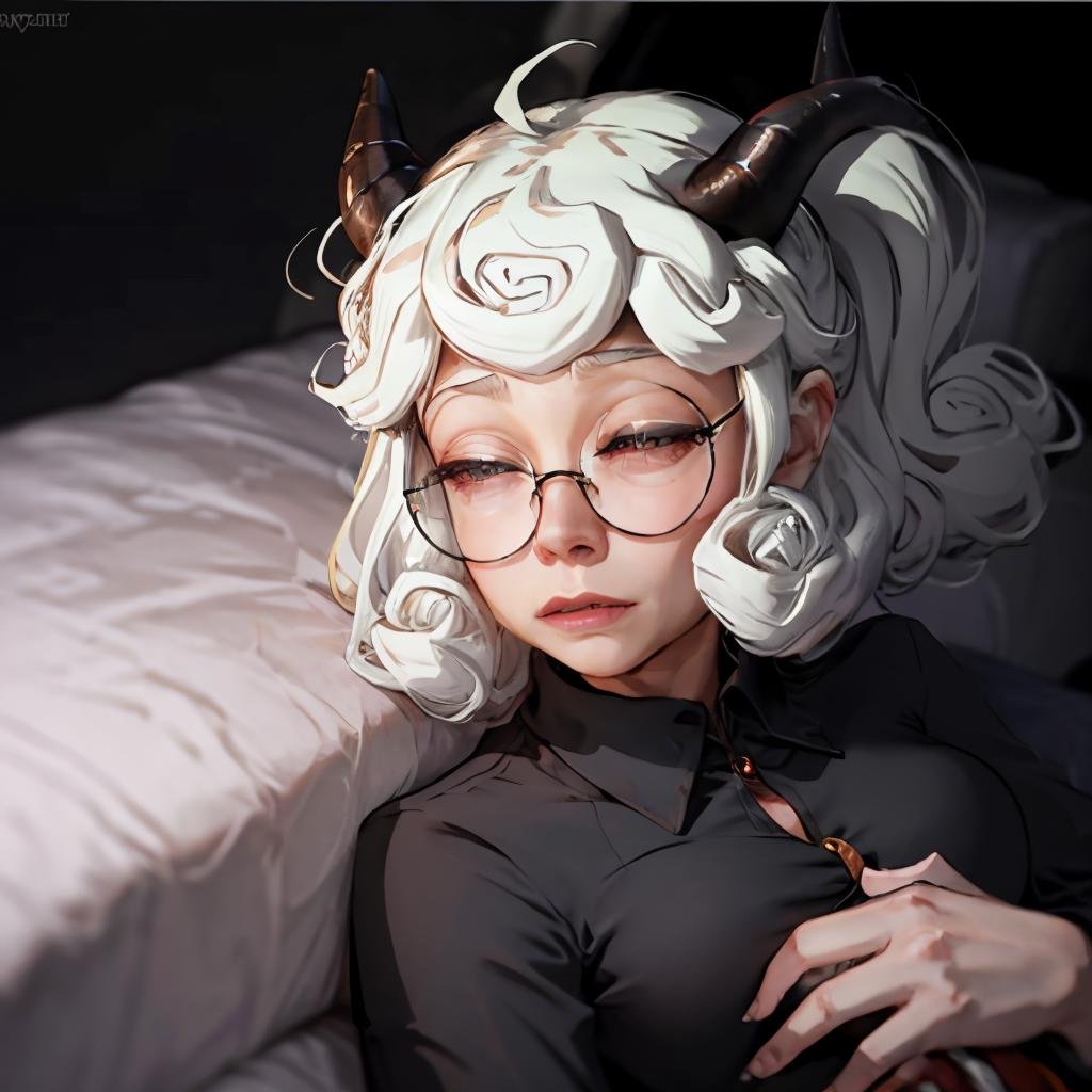 Highly detailed, High Quality, Masterpiece, beautiful, IncrsLimmyWakingUpMeme, <lora:LimmyWakingUpMeme:1>, 1girl, htpandemonica, horns, glasses, <lora:Char_Helltaker_Pandemonica:0.9>