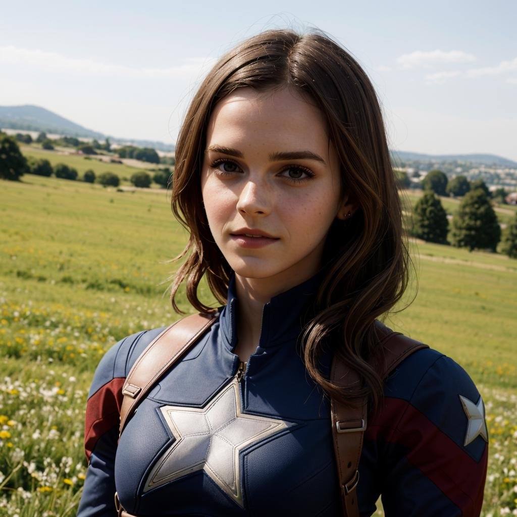 emma watson as captain america, meadows on hills, clear face, focal length : 3 6 mm