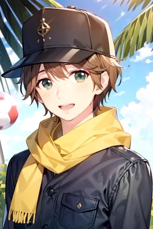 masterpiece, best quality, illustration, 1boy, solo, male focus, looking at viewer, , , , realistic, <lora:agatsuma_omoi_omoware:0.70>, agatsuma_omoi_omoware, brown hair, green eyes, scarf, baseball cap, A tropical paradise where the sun shines brightly every day,