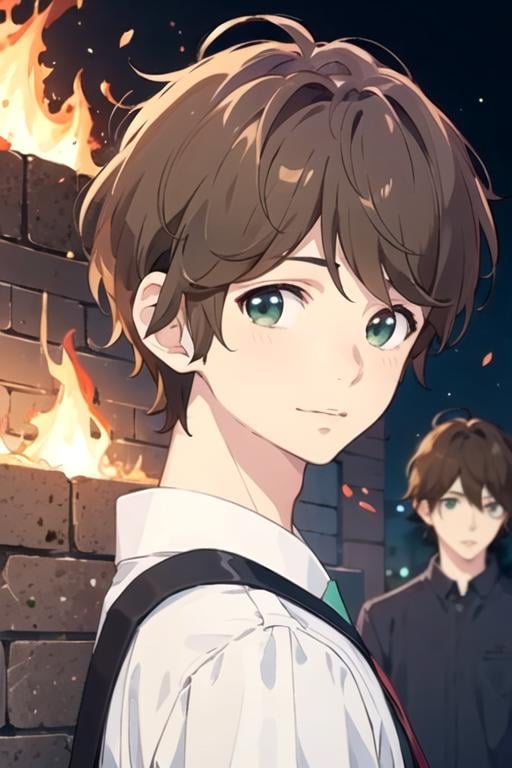 masterpiece, best quality, game cg, 1boy, solo, male focus, looking at viewer, upper body, , , , <lora:agatsuma_omoi_omoware:0.68>, agatsuma_omoi_omoware, brown hair, green eyes, , fire,