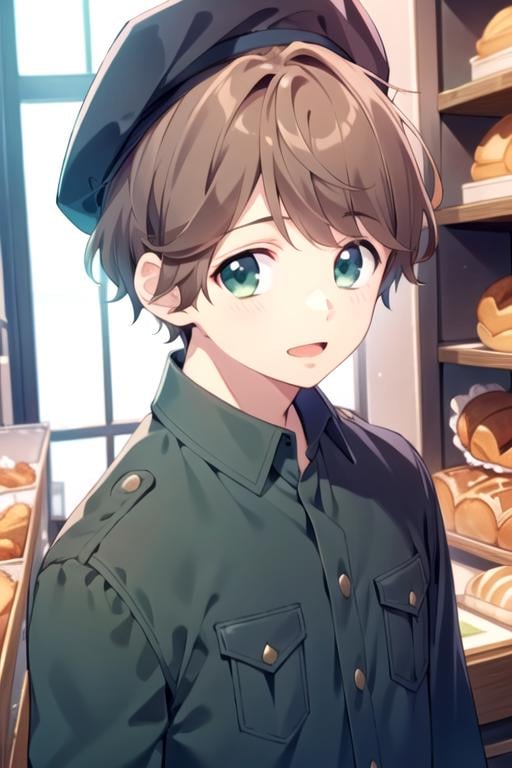 masterpiece, best quality, , 1boy, solo, male focus, looking at viewer, upper body, , , , <lora:agatsuma_omoi_omoware:0.74>, agatsuma_omoi_omoware, brown hair, green eyes, , beret, bakery,