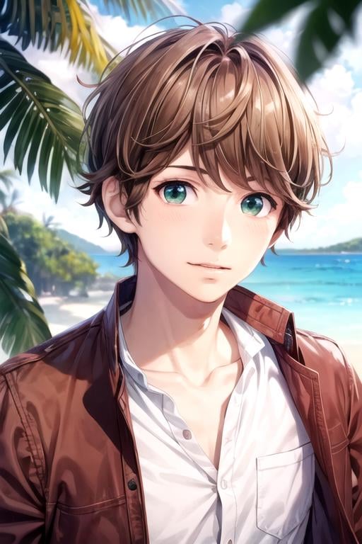 masterpiece, best quality, photorealistic, 1boy, solo, male focus, looking at viewer, upper body, , , , <lora:agatsuma_omoi_omoware:0.66>, agatsuma_omoi_omoware, brown hair, green eyes, , A tropical paradise where the sun shines brightly every day, High resolution