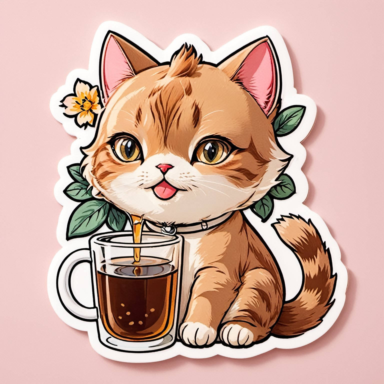 sticker , cat, drinking , Booba tea, cute