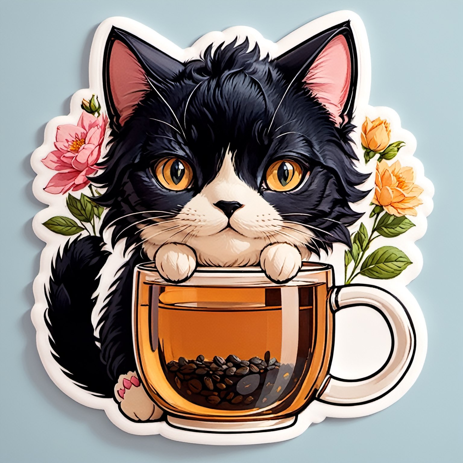 sticker , cat,  tea, cute , mug 