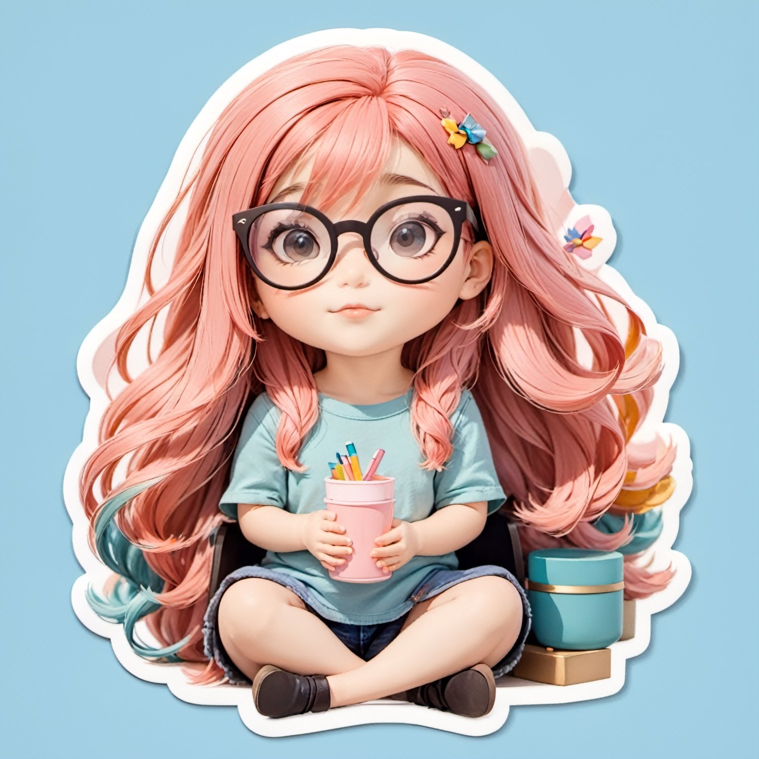 leonardo style, illustration ,sticker, glasses, multicolored hair, blush, 1giel,  long hair, sitting, no humans, full body