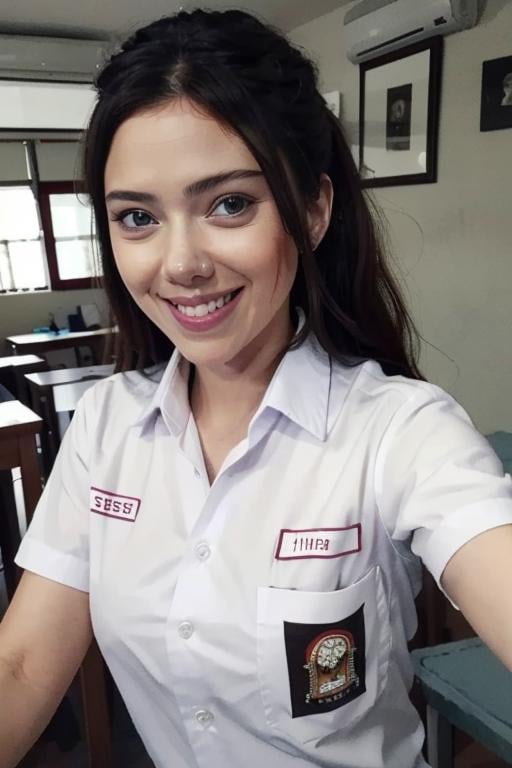 masterpiece, best quality, highres, female, 1girl, scarlett johansson face, wearing indonesian high school uniform, smile, dynamic pose, good hand angle  <lora:Indonesian High school Uniform:0.7> white shirt