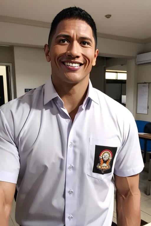 masterpiece, best quality, highres, female, 1boy, Dwayne Johnson, wearing indonesian high school uniform, smile, dynamic pose, good hand angle, upperbody <lora:Indonesian High school Uniform:0.7> white shirt