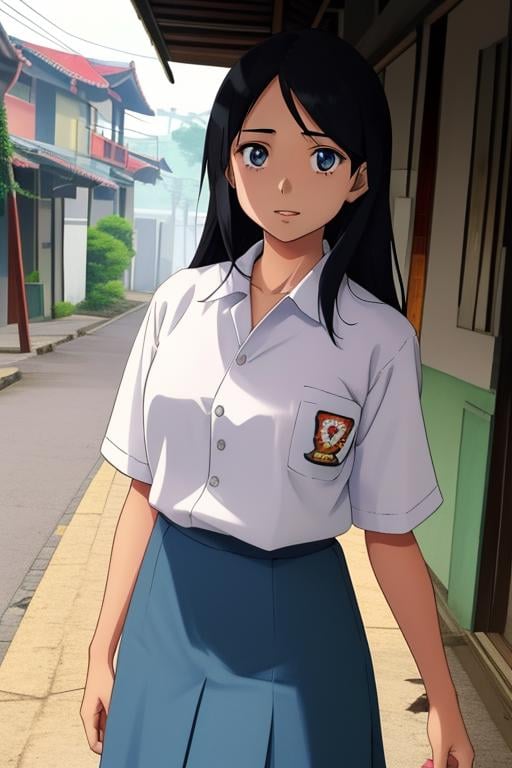 (masterpiece), best quality,anime visual, illustration of a young black haired girl wearing indonesian high school uniform, detailed city street background, cute facekatsura masakazu, studio lighting, cel shaded, crisp and sharp, rounded eyes, bright daylight  <lora:Indonesian High School Uniform:0.6>