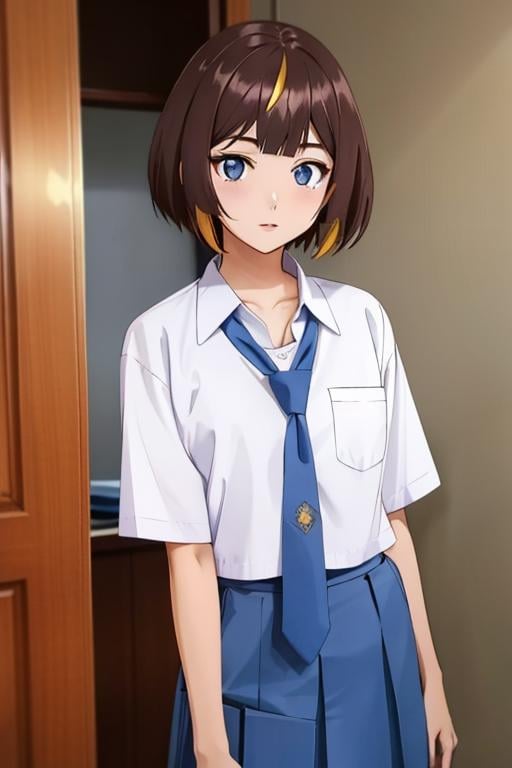 Masterpiece, best quality, Anya melfissa, brown hair, anime style, animation style, wearing indonesian high school uniform, blue necktie, white shirt  <lora:Indonesian High School Uniform:0.5>  <lora:anya-melfissa-07:0.7>