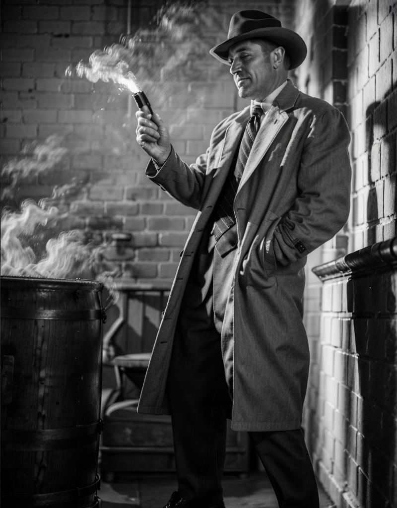 (man holding a gun, standing, shoting, bullets:1), (1boy), (bricks, corner, light:1.2),(coat, tie, shoes:1.2), looking at viewer, from below, smile, (NoirStyle:1.5), (retro, cinematic, high contrast, spot light), (smoke:1.2),(detailed ladscape:1.2), (dynamic_angle:1.2), (dynamic_pose:1.2),(realistic:1.4), ((realism)), (masterpiece:1.2), (best quality), (ultra detailed:1.2), (8k, 4k, intricate), (canon R5, 50mm focal length, f/5.6), (cowboy shot:1), (85mm),light particles, lighting, (highly detailed:1.2),(detailed face:1.2), (gradients), colorful,(detailed eyes:1.2), (ultra photorealistic:1.2), (detailed skin:1.2),<lora:epiNoiseoffset_v2:0.5> <lora:Noir_style:0.8>