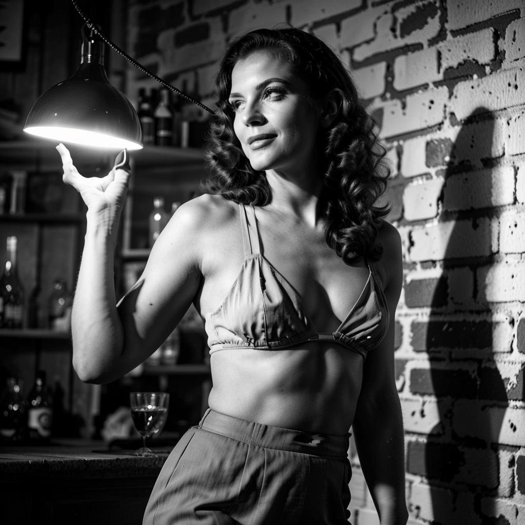 (girl walking in a musica bar:1), (sign, brick, hanging lamp:1.2), (long hair, medium breast),(crop top, skirt, open clothes, cleavage:1.2), looking at viewer, from below, smile, (NoirStyle:1.5), (retro, cinematic, high contrast, spot light), (smoke:1.2),(detailed ladscape:1.2), (dynamic_angle:1.2), (dynamic_pose:1.2),(realistic:1.4), ((realism)), (masterpiece:1.2), (best quality), (ultra detailed:1.2), (8k, 4k, intricate), (canon R5, 50mm focal length, f/5.6), (full body:1.4), (85mm),light particles, lighting, (highly detailed:1.2),(detailed face:1.2), (gradients), colorful,(detailed eyes:1.2), (ultra photorealistic:1.2), (detailed skin:1.2),<lora:epiNoiseoffset_v2:0.5> <lora:Noir_style:0.75>