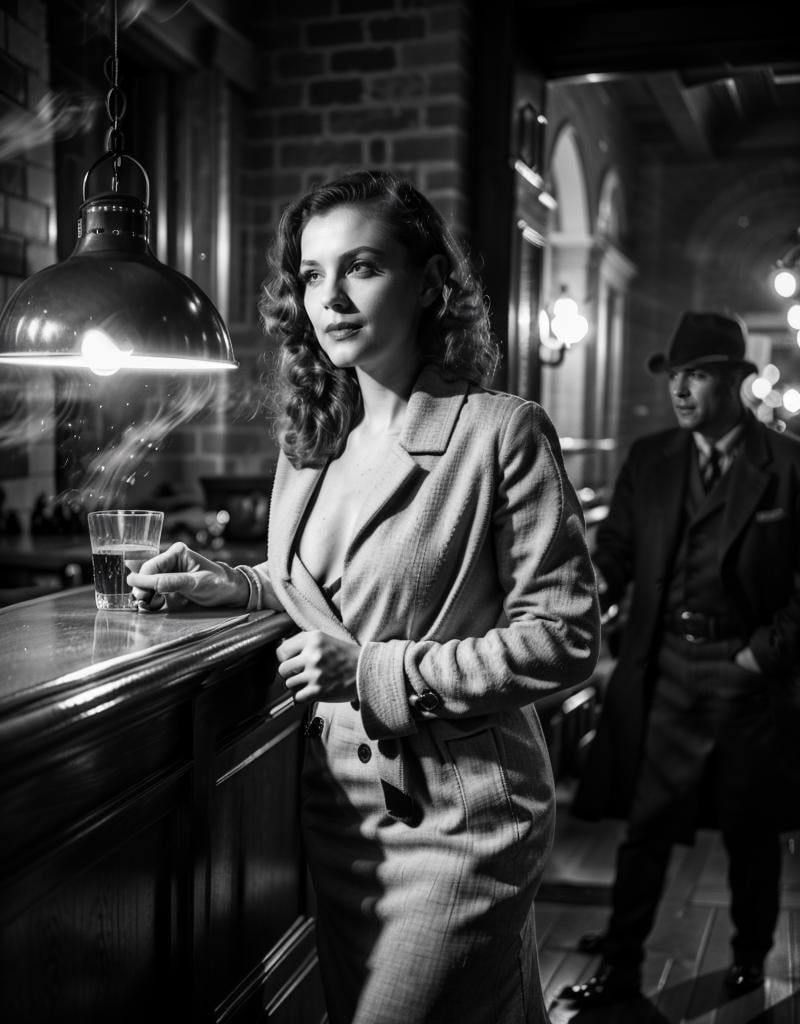(girl walking in a musica bar:1), (sign, brick, hanging lamp:1.2), (long hair, medium breast),(coat, skirt, open clothes, cleavage:1.2), looking at viewer, from below, smile, (NoirStyle:1.5), (retro, cinematic, high contrast, spot light), (smoke:1.5),(detailed ladscape:1.2), (dynamic_angle:1.2), (dynamic_pose:1.2),(realistic:1.4), ((realism)), (masterpiece:1.2), (best quality), (ultra detailed:1.2), (8k, 4k, intricate), (canon R5, 50mm focal length, f/5.6), (cowboy shot:1), (85mm),light particles, lighting, (highly detailed:1.2),(detailed face:1.2), (gradients), colorful,(detailed eyes:1.2), (ultra photorealistic:1.2), (detailed skin:1.2),<lora:epiNoiseoffset_v2:0.5> <lora:Noir_style:0.8>