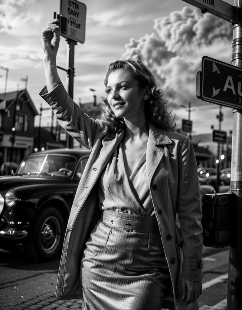 (girl taking a picture, holding a camera, street:1), (sign, brick, cars:1.2), (long hair, medium breast),(coat, skirt, open clothes, cleavage:1.2), looking at viewer, from below, smile, (NoirStyle:1.5), (retro, cinematic, high contrast, spot light), (smoke:1.2),(detailed ladscape:1.2), (dynamic_angle:1.2), (dynamic_pose:1.2),(realistic:1.4), ((realism)), (masterpiece:1.2), (best quality), (ultra detailed:1.2), (8k, 4k, intricate), (canon R5, 50mm focal length, f/5.6), (cowboy shot:1), (85mm),light particles, lighting, (highly detailed:1.2),(detailed face:1.2), (gradients), colorful,(detailed eyes:1.2), (ultra photorealistic:1.2), (detailed skin:1.2),<lora:epiNoiseoffset_v2:0.5> <lora:Noir_style:0.8>