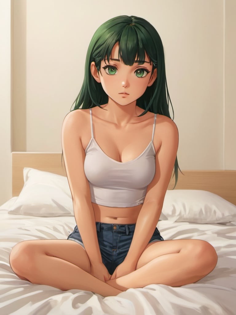 a girl sitting on top of a bed with dark green hair wearing a white t-shirt and denim shorts, 1girl, bed, dark green hair, solo, hair over one eye, blush, looking at viewer, hairclip, x hair ornament, green eye, long hair, braid, bangs, denim shorts, bare shoulders, bare arms, bare neck, full body, big breasts, cleavage, navel, bare shoulder,