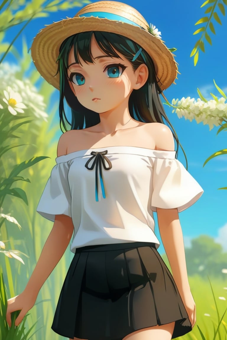 Masterpiece,best quality,very detailed cg,complex details,a girl,solo: 1.4) (blue: 0.6) (cyan,green,straw hat,white clothes,off-the-shoulder,black skirt,branches,grass,flowering plants,sky,tuya,loli