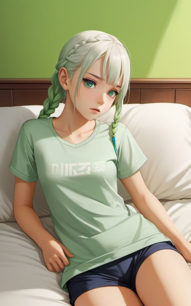 realistic 3d film CG, high detail 2D game poster, 1girl, white_hairbangs, long hair, side braid, dark blue eyes, cold expression, lightseagreen T-shirt, navel, fetal_position , Light green shorts, small_breasts, No shoes on, bedroom, White cloth sofa, White blanket, White curtains, bare feet, bare legs, detail eyes,