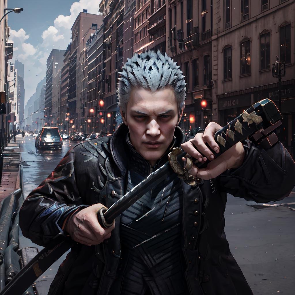 Highly detailed, High Quality, Masterpiece, beautiful, IncrsUnsheathingAKatanaMeme, <lora:ChihiroUnsheathingAKatanaMeme-10:1>, vergil(dmc5), <lora:Char_DMC_Vergil:0.75>