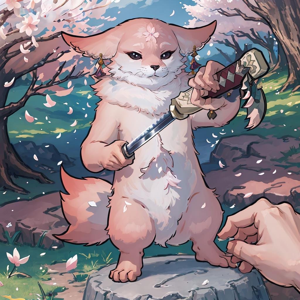 Highly detailed, High Quality, Masterpiece, beautiful, IncrsUnsheathingAKatanaMeme, sheath, holding sheath, <lora:ChihiroUnsheathingAKatanaMeme:1>, outdoors, cherry blossoms, YaeMikoFox, no humans, <lora:Char_GenshinImpact_YaeMikoFox:1>