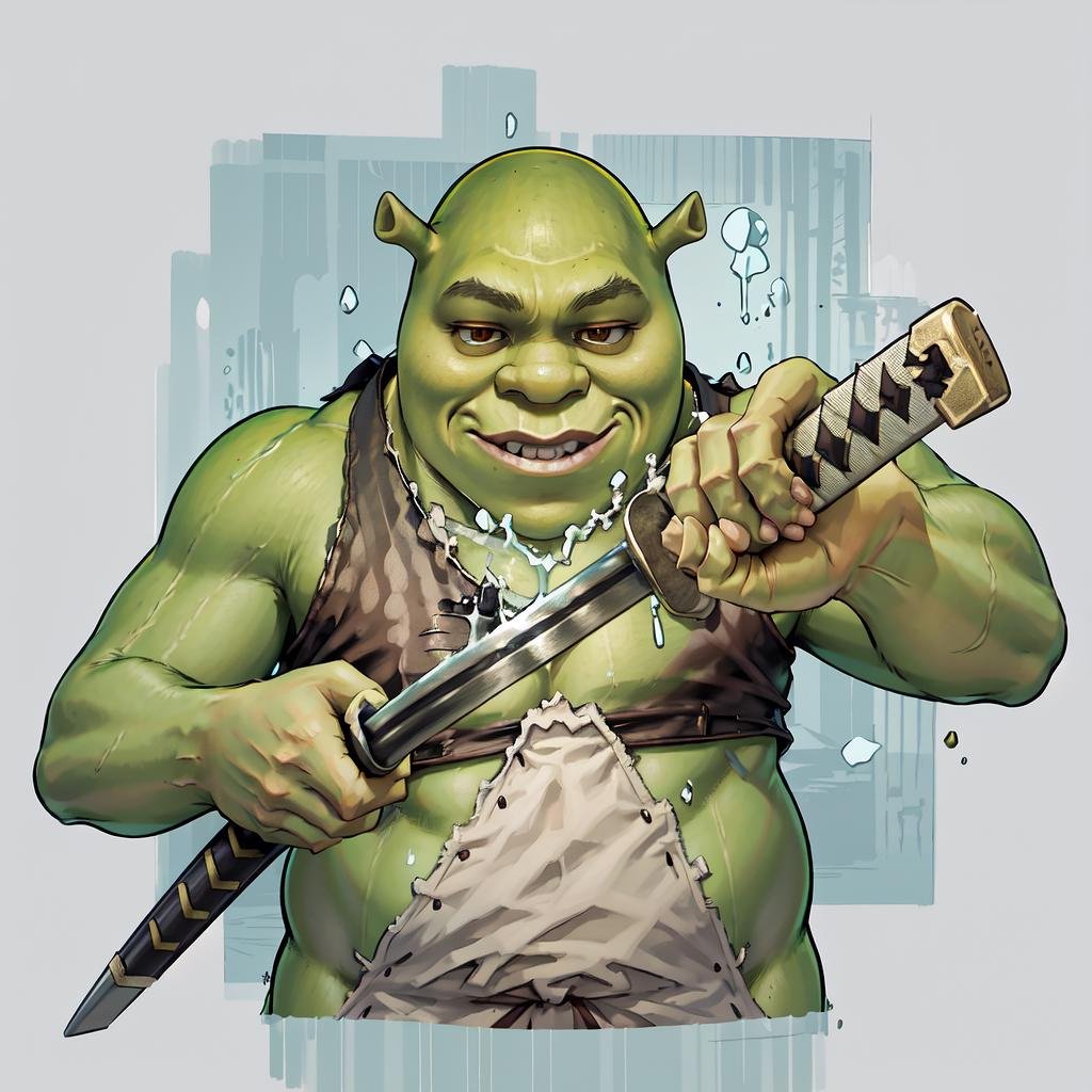 Highly detailed, High Quality, Masterpiece, beautiful, IncrsUnsheathingAKatanaMeme, sheath, holding sheath, <lora:ChihiroUnsheathingAKatanaMeme:1>, shrex, green skin, ogre, shrek, <lora:Char_Sigmas_Shrek:0.9>