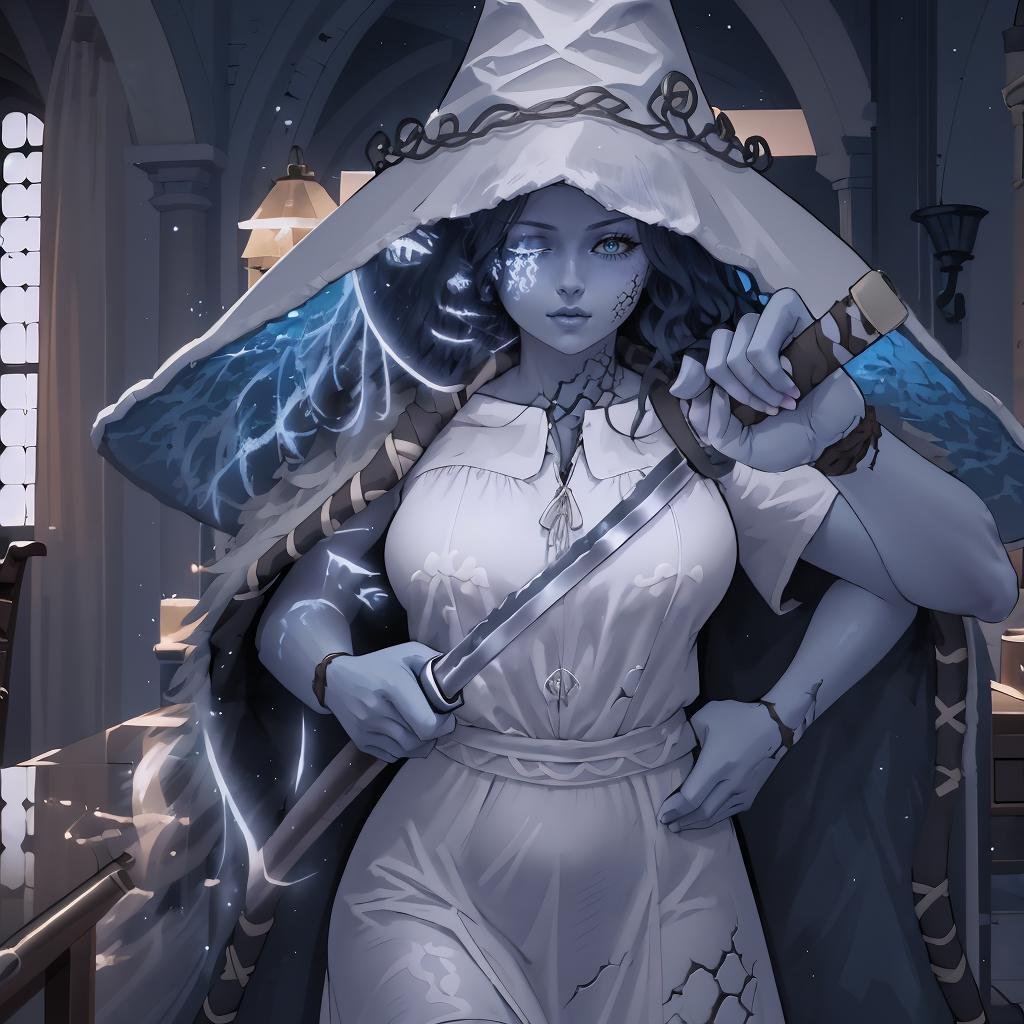 Highly detailed, High Quality, Masterpiece, beautiful, IncrsUnsheathingAKatanaMeme, sheath, holding sheath, <lora:ChihiroUnsheathingAKatanaMeme:0.9>, indoors, Ranni, wavy hair, blue skin, cracked skin, extra arms, extra faces, white dress, hat, cloak, <lora:Char_EldenRing_Ranni:0.9>, ExtraFacesRanni, <lora:Looks_ExtraFaces:1>