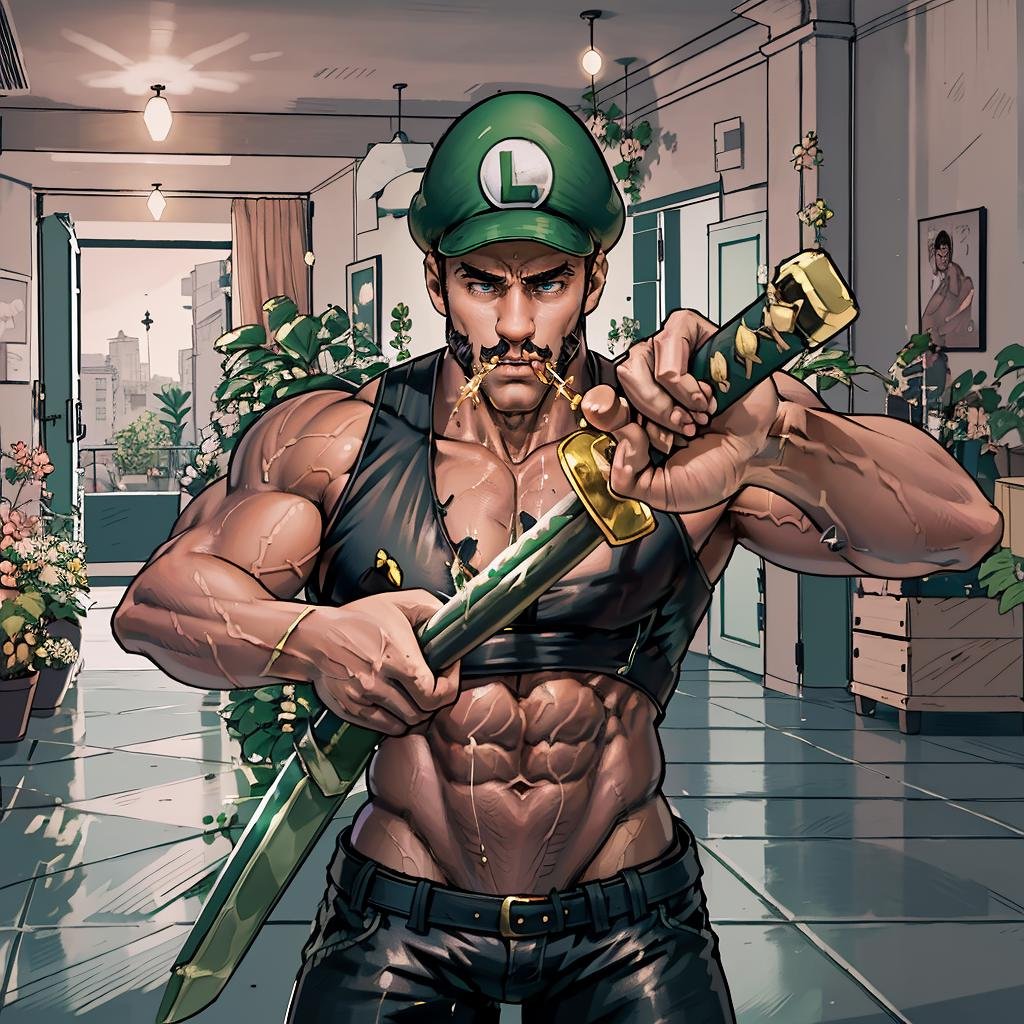 Highly detailed, High Quality, Masterpiece, beautiful, IncrsUnsheathingAKatanaMeme, sheath, holding sheath, <lora:ChihiroUnsheathingAKatanaMeme:0.9>, indoors, Luigi, <lora:Char_MarioSeries_Luigi:0.8>, gigachad, <lora:Char_Sigmas_GigaChad:0.3>, muscular, 