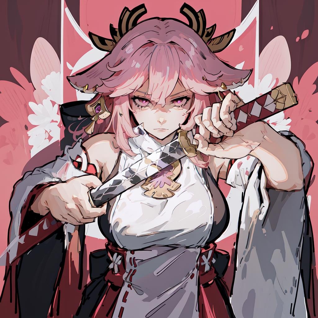 Highly detailed, High Quality, Masterpiece, beautiful, IncrsUnsheathingAKatanaMeme, sheath, holding sheath, <lora:ChihiroUnsheathingAKatanaMeme:1>, yae miko, pink eyes, long hair, pink hair, animal ears, <lora:Char_GenshinImpact_YaeMiko:1>