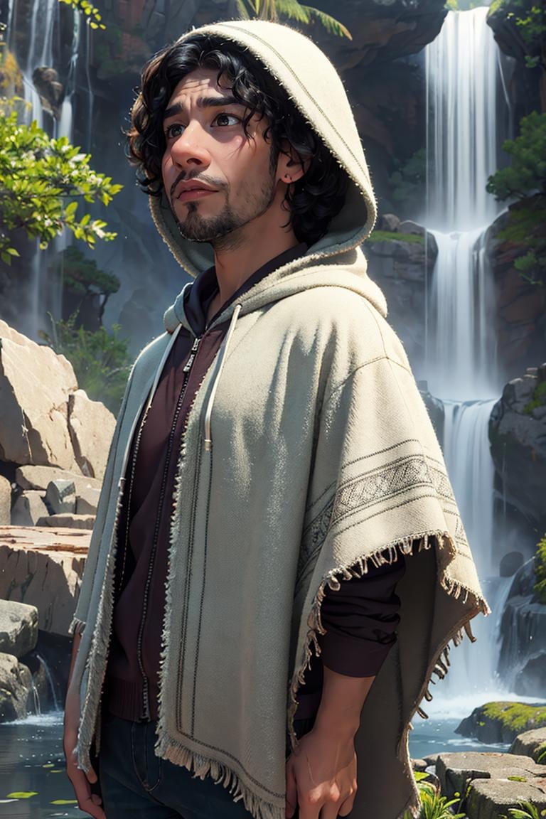 BrunoMadrigal,  1guy,  hooded,  hood,  poncho,  shirt,  pants,  medium shot , serious face,  standing,  waterfall,  masterpiece,  highres,  sharp focus,  cinematic lighting,  detailed face,  detailed eyes, <lora:EMS-42111-EMS:1.000000>