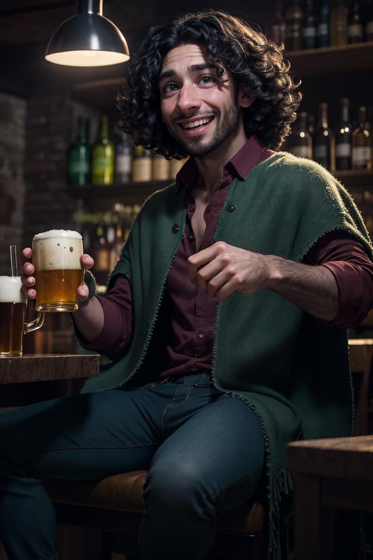 BrunoMadrigal,  1guy,  green poncho,  smiling,  shirt,  pants,  sitting,  glowing eyes,  holding a beer,  medium shot,  at the pub,  big chest,  masterpiece,  highres,  sharp focus,  cinematic lighting,  detailed face,  detailed eyes, <lora:EMS-42111-EMS:1.000000>