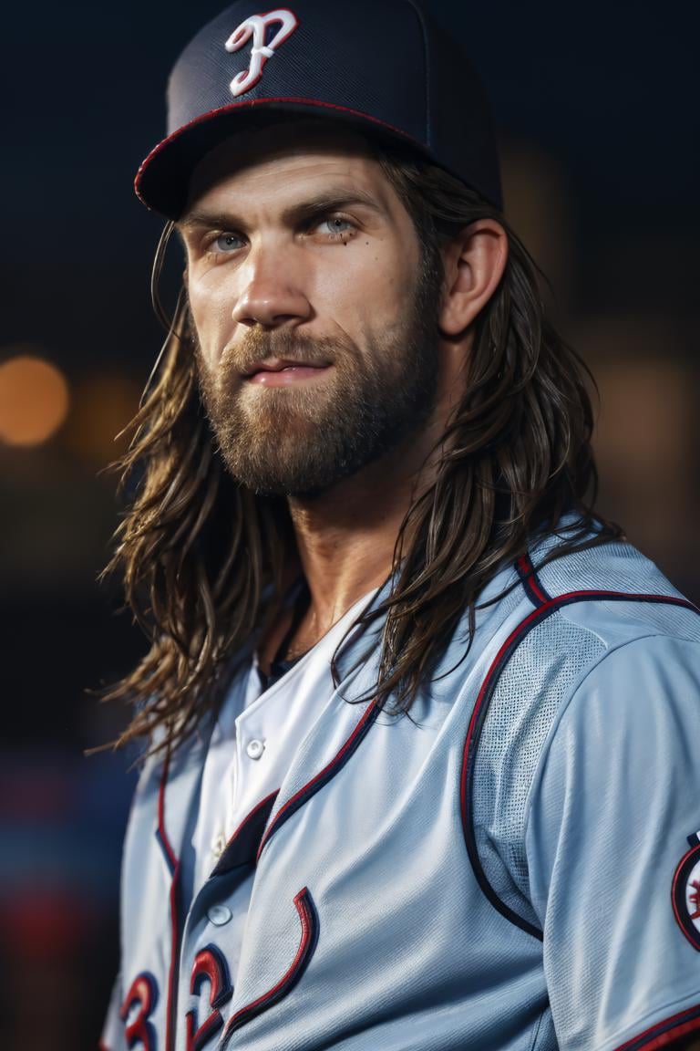 photo of  person,  male, long hair,  bryceharper,  at the city,  baseball cap,  baseball shirt,  portrait,  bokeh,  smirk,  beard,  masterpiece,  highres,  sharp focus,  cinematic lighting,  detailed face,  detailed eyes, <lora:EMS-13102-EMS:0.900000>, , <lora:EMS-47279-EMS:0.920000>