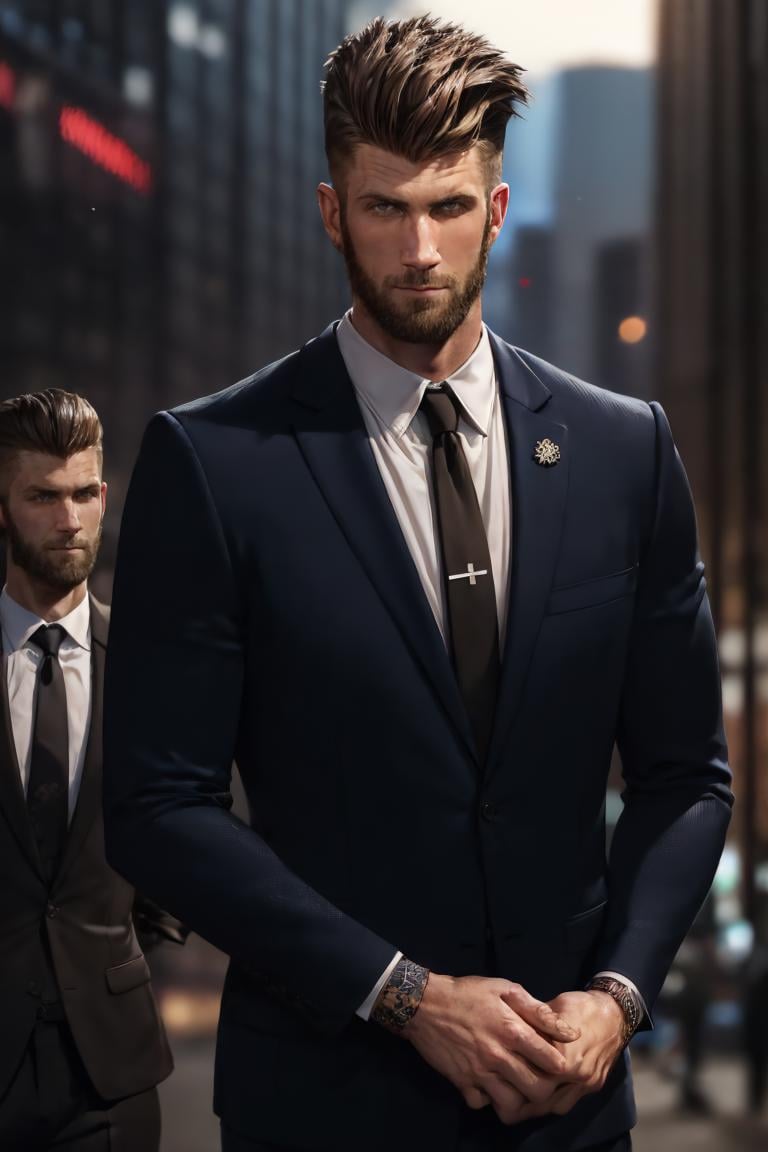 photo of  person,  male,  bryceharper,  at the city,  suit,  shirt,  tie,  pants , medium  shot  smirk,  beard,  brown eye,  masterpiece,  highres,  sharp focus,  cinematic lighting,  detailed face,  detailed eyes, <lora:EMS-13102-EMS:0.200000>, , <lora:EMS-47279-EMS:0.900000>