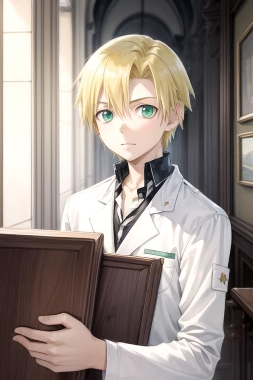 masterpiece, best quality, game cg, 1boy, solo, male focus, looking at viewer, , depth of field, (watercolor illustration, soft pastel colors:1.1), , <lora:hiro_soul_eater:0.70>, hiro_soul_eater, blonde hair, green eyes, , science fiction noir,