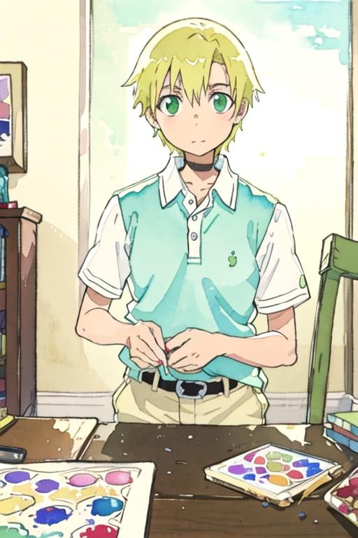 masterpiece, best quality, illustration, 1boy, solo, male focus, looking at viewer, , depth of field, (watercolor illustration, soft pastel colors:1.1), , <lora:hiro_soul_eater:0.74>, hiro_soul_eater, blonde hair, green eyes, polo shirt, , ,