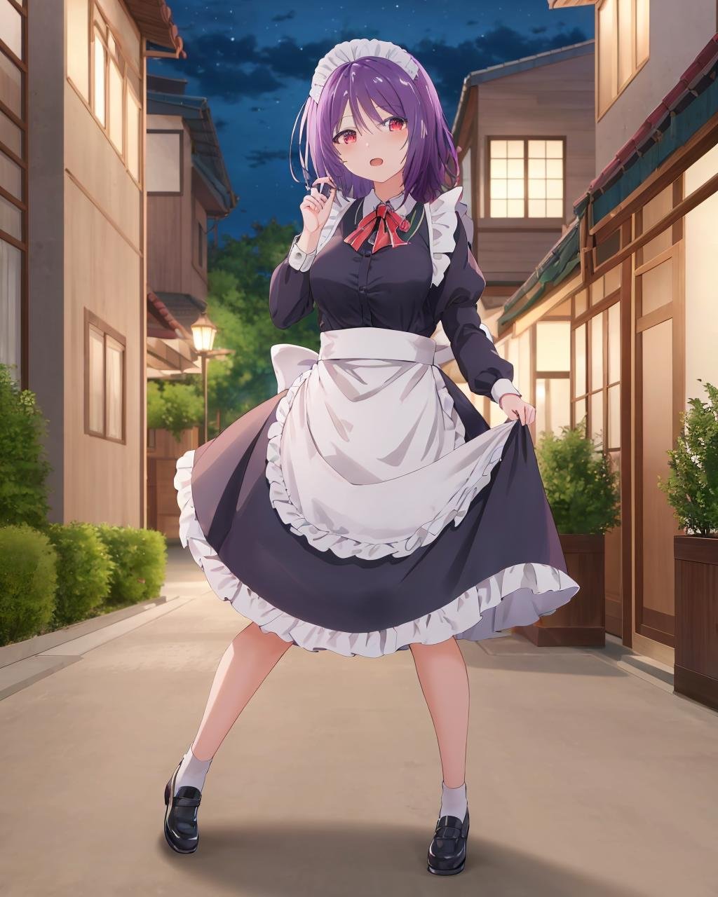 ((masterpiece, high quality, best quality, highres,)) outdoors, street, night, looking at viewer, full body, Yuzuki,  <lora:Aoba_Yuzuki-10:0.8> , maid cosplay, maid , maid outplay,  <lora:maid_cosplay:1>