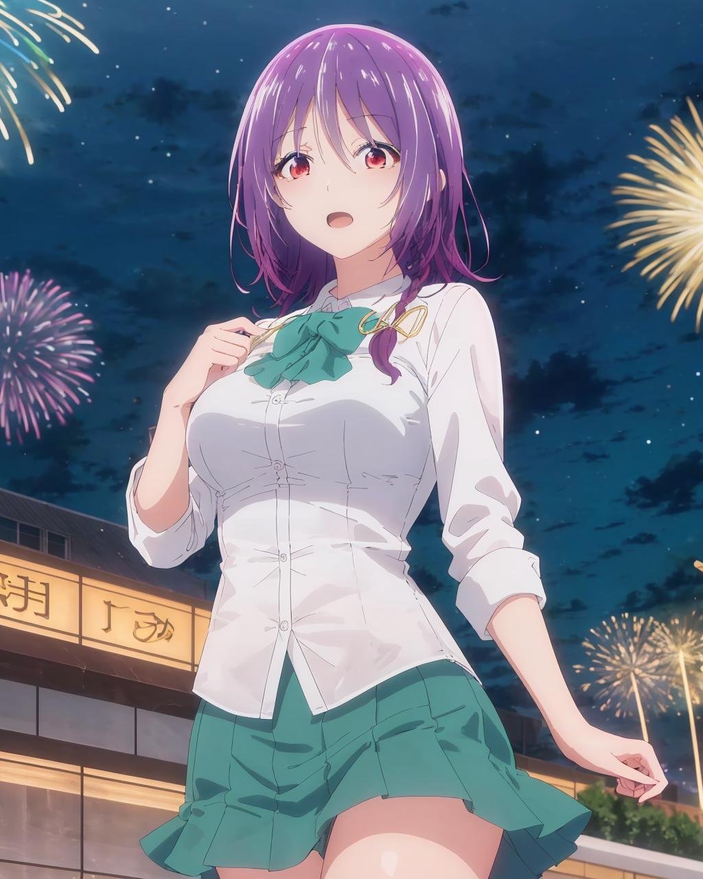 ((masterpiece, high quality, best quality, highres,))aerial fireworks, night, night sky, Yuzuki, white shirt, green skirt, <lora:Aoba_Yuzuki-10:1>