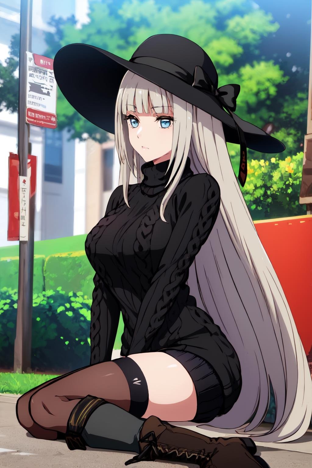 masterpiece, best quality, MyleneHFV4, 1girl, solo, ((black sweater, zettai ryouiki, black legwear, ankle boots, long hat:1.3)), sitting, anime coloring, outdoors, blunt bangs, milf, mature female, <lora:MyleneHFV4-10:1>