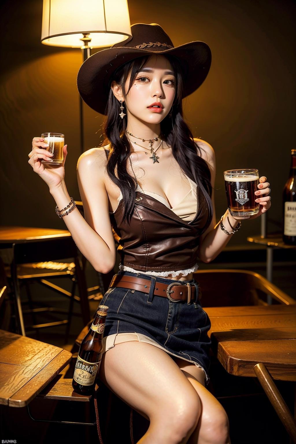 Holding a revolver in hand,western cowboy style,photography,best quality, realistic, photorealistic, intricate details, (delicate detailed), (intricate details), cinematic light, best quality Backlights, clear line, 8k,ultra high res, <lora:cowboyNiuzai_v10:1>,women, alcohol, bar, beer, beer_mug, belt, boots, bottle, bracelet, breasts, brown_hair, cowboy_hat, cowboy_western, crossed_legs, cup, drink, drinking_glass, hat, holding_cup, jewelry, lips, mug, necklace, realistic, sitting, solo, table, wine_glass